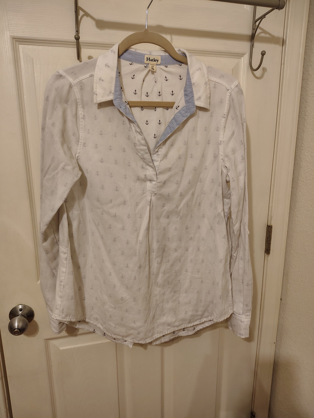 Hatley Anchor Print 100% Cotton Nautical Shirt Women's Size S White Navy Blue